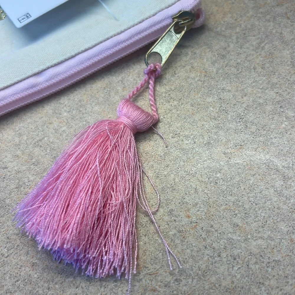 Cosmetic Bag, pink zipper & tassel, Cream bag, Gold Glitter “Brides Maid” NWT